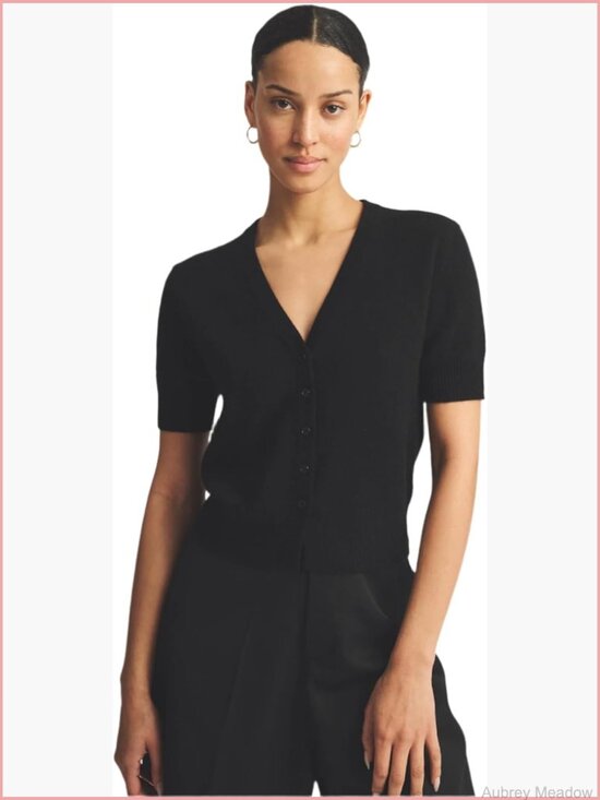 Sweaters - Lightweight Cashmere Short Sleeve Cardigan V-Neck Button Front Ribbed Knit